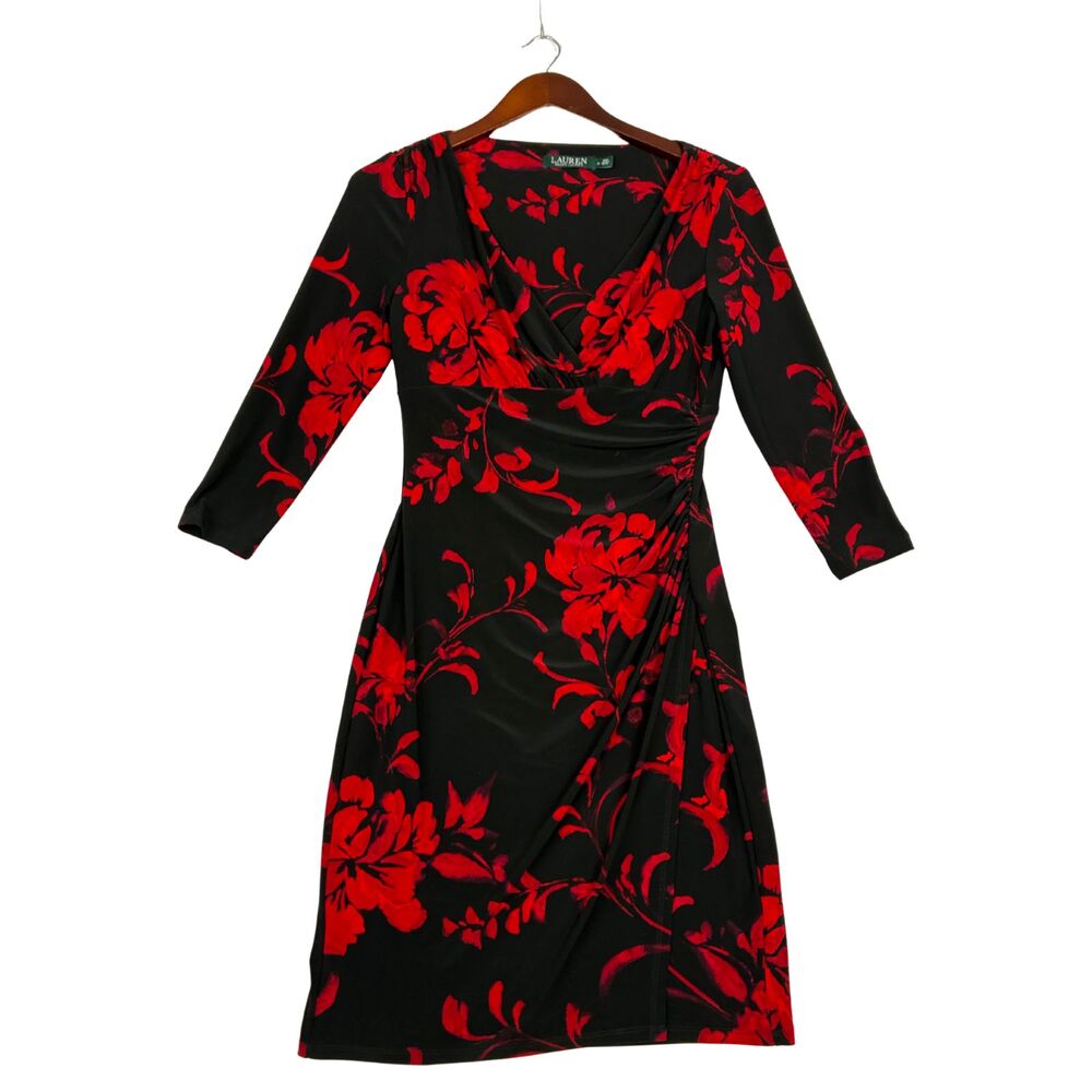 Lauren Ralph Lauren Womens 4 Black Red Floral Ruched Faux Wrap Sheath Dress